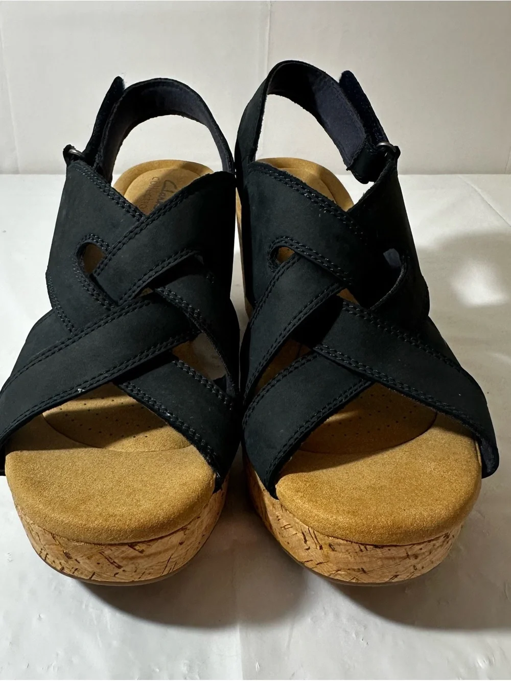 Clarks‎ Black Suede Cork Wedge Sandals Size 11